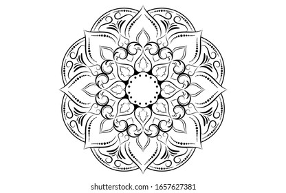 Zirkelmuster Blüte der Mandala mit Schwarz-Weiß, Vektorillustration Blumenmandala Entspannungsmuster einzigartiges Design mit weißem Hintergrund, handgezeichnet Muster, Konzeptmeditation und Relax 