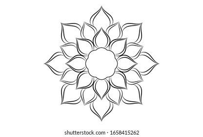 Flor pétala de Mandala con forma circular en blanco y negro,Patrones de relajación de Mandala floral vectorial con un diseño único con fondo blanco, Patrón dibujado a mano, meditación conceptual y relajación 