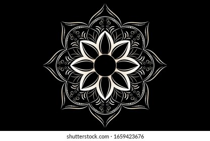 Flor pétala de Mandala con forma circular en blanco y negro,Patrones de relajación de Mandala floral vectorial con un diseño único con fondo blanco, Patrón dibujado a mano, meditación conceptual y relajación 