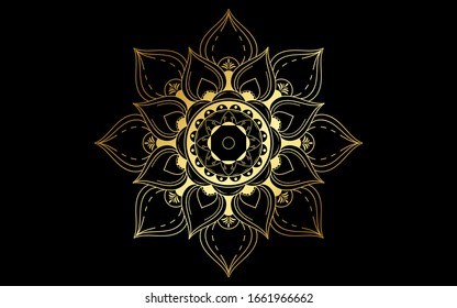 Circle pattern petal flower of mandala with gold color,Vector floral mandala patterns unique design with black background,Hand drawn pattern