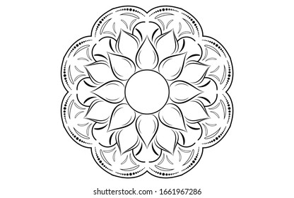 Flor pétala de Mandala con forma circular en blanco y negro,Patrones de relajación de Mandala floral vectorial con un diseño único con fondo blanco, Patrón dibujado a mano, meditación conceptual y relajación 