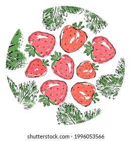 Patrón de círculo con fresas rojas y hojas verdes. Diseño luminoso para imprimir en placas. Rastreo de fresa madura para redes sociales. Diseño de plantillas de vector