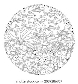 circle pattern with swimming flock of little fish and pebbly bottom with seaweed and starfish. underwater landscape in round shape  for your coloring book