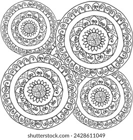 Patrones de círculo que se asemejan a mandalas para Henna, Mehndi, tatuajes, decoración de diseños ornamentales en estilo étnico oriental, y páginas de libros para colorear