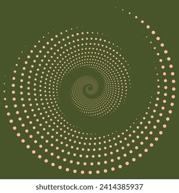 Circle Peach Fuzz dots isolated on green background. Geometric art. Design element for frame, logo, tattoo, web pages, print, poster, template, abstract vector backgrounds. Optical illusion shape. Eps