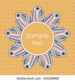 circle of  peacock feathers. Circle on a yellow background with a pattern of rhombuses. card with sample text in the circle