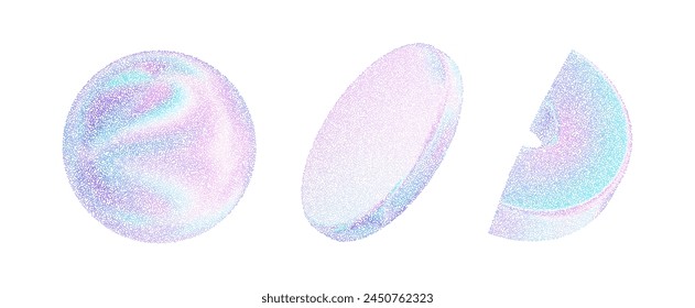 Círculo perlado 3d Formas. Figuras holográficas geométricas con un gradiente de puntos de holograma de ruido. Textura granulada de gradación azul rosado. Ilustración vectorial de esfera, disco, tubo