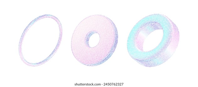 Circle pearlescent 3d shapes. Geometric holographic figures with a noise hologram gradient of dots. Grain pink blue gradation texture. Vector illustration of tube, torus,disk