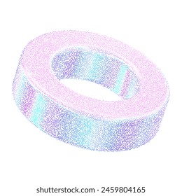 Circle pearlescent 3d shapes. Geometric holographic figures with a noise hologram gradient of dots. Grain pink blue gradation texture. Vector illustration of sphere, disk, tube