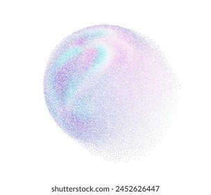 Circle pearlescent 3d texture isolated shape. Geometric holographic abstract figure with noise hologram gradient dots. Grain pink blue fantasy planet gradation effect. Vector abstract illustration