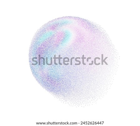 Circle pearlescent 3d texture isolated shape. Geometric holographic abstract figure with noise hologram gradient dots. Grain pink blue fantasy planet gradation effect. Vector abstract illustration