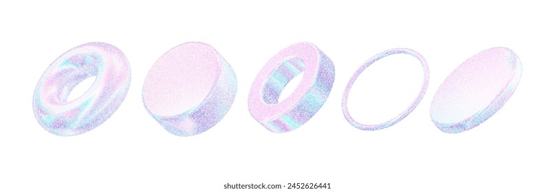 Circle pearlescent 3d texture shapes. Geometric holographic figures tube, torus, disk, cylinder,ring, platform with noise hologram gradient dots. Grain pink blue gradation effect. Vector illustration