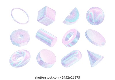 Circle pearlescent 3d texture shapes. Geometric holographic figures tube, torus, disk, cylinder,ring, platform,ball,cube with noise hologram gradient dots. Grain gradation effect. Vector illustration