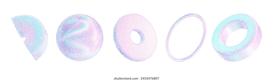 Circle pearlescent 3d texture shapes. Geometric holographic figures tube, torus, disk, cylinder,ring, platform with noise hologram gradient dots. Grain pink blue gradation effect. Vector illustration