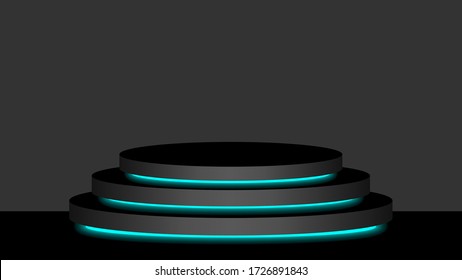 Schwarz-Blau-Neon mit 3D-Sockel, schwarz-schwarz und hellblau leuchtet auf schwarzem Hintergrund