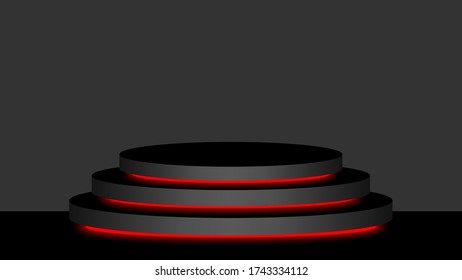 circle pedestal 3d black and red light neon lamp glowing, cosmetics display modern and led light, podium stage show for position decor red fluorescent glow light, pedestal box for product place