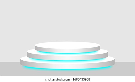 circle pedestal 3d white and blue light neon lamp glowing, cosmetics display modern and led light, podium stage show for position decor blue fluorescent glow light, pedestal box for product place