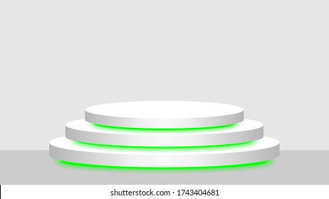 circle pedestal 3d white and green light neon lamp glowing, cosmetics display modern and led light, podium stage show for position decor green fluorescent glow light, pedestal box for product place