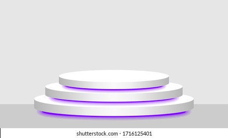 circle pedestal 3d white and purple light neon lamp glowing, cosmetics display modern and led light, podium stage show for position decor purple fluorescent glow light, pedestal box for product place