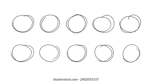 Circle pencil doodles for highlights. Black pen round sketches. Marker ring doodles. Set of hand drawn horizontal circles isolated on white background. Realistic vector.