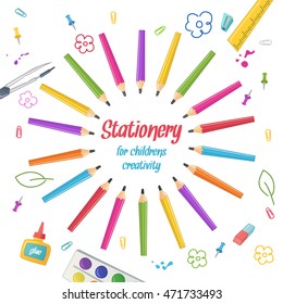 Circle of pencils on a white background. Set of stationery for school, office and craft in cartoon style. Goods for children s creativity.