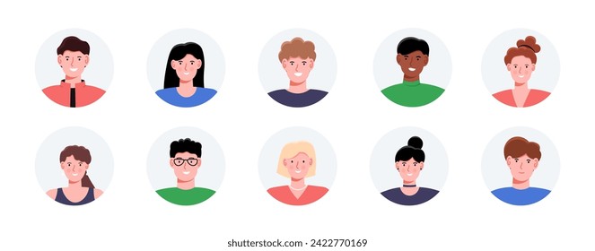 Circle people avatars set. Young guys and girls. Happy men and women. Profile images for social networks and messengers. Cartoon flat vector collection isolated on white background