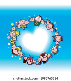 Circle of people looking up at the sky around a heart