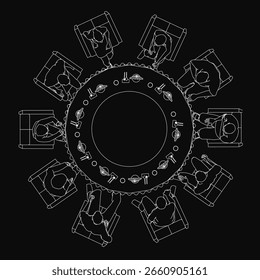 Um círculo de pessoas se senta ao redor de uma mesa em uma ilustração de contorno preto e branco. As figuras estão dispostas em um padrão circular, cada uma em uma posição única.