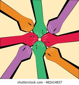 A circle of People united for a purpose.Hands joined for a collaboration.
