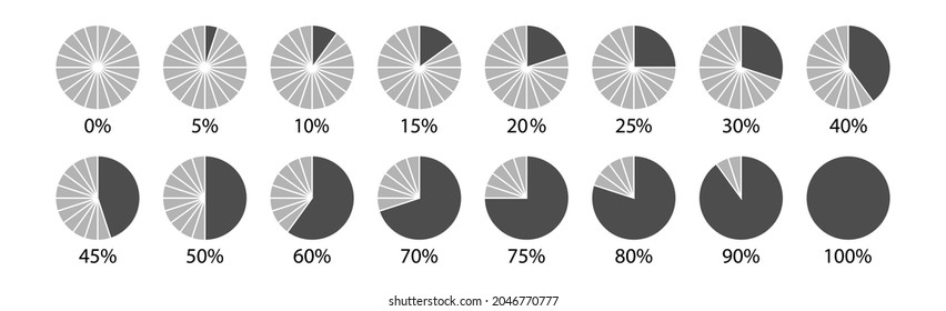 Gráficos de diagrama de porcentaje de círculo para infografías, 0, 5, 10, 15, 20, 25, 30, 35, 40, 45, 50, 55, 60, 65, 70, 75, 80, 85, 90, 95, 100. Ilustración vectorial.