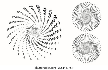 A circle with a percent sign in a spiral. Black friday halftone concept icon.