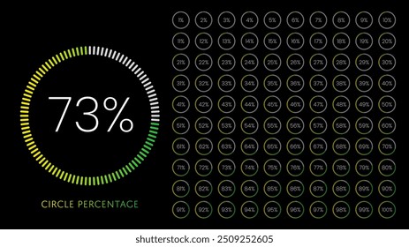 Percentual círculo diagrama vetor ilustração conjunto de 1 a 100 com cor verde neon colorido no fundo preto. Barra de progresso de gradiente, indicador de carregamento para ui, web, infográfico ou apresentação.