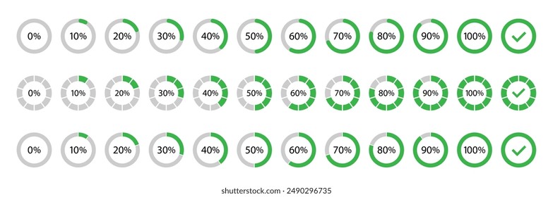 Circle percentage diagrams for infographics, 0, 10, 20, 30, 40, 50, 60, 70, 80, 90, 100 percent. Circle loading and circle progress collection. 