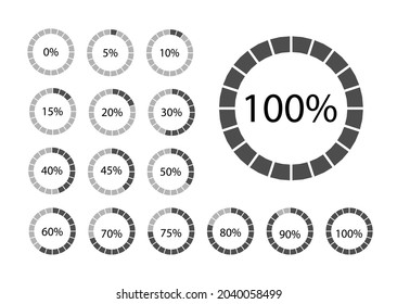 Circle percentage diagrams set for infographics. Black thin outline graphics isolated on a white background. Circle divided by percentages