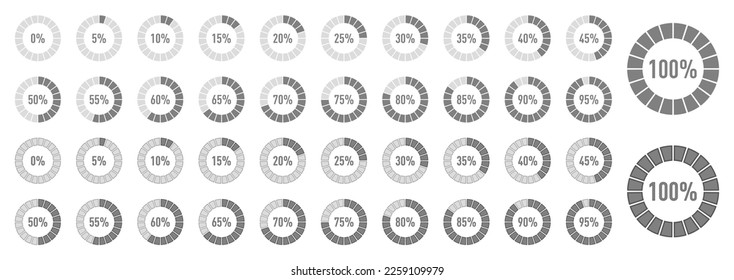 Circle percentage diagrams set for infographics on  white background. Vector illustration