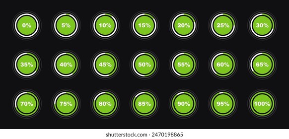 Conjunto de diagramas de porcentaje de círculo. Indicador de carga. proceso de Descarga. Gráfico circular porcentual para infografías, interfaz de usuario, Diseño web y presentación empresarial. Ilustración vectorial.