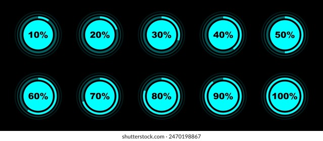 Conjunto de diagramas de porcentaje de círculo. Indicador de carga. proceso de Descarga. Gráfico circular porcentual para infografías, interfaz de usuario, Diseño web y presentación empresarial. Ilustración vectorial.