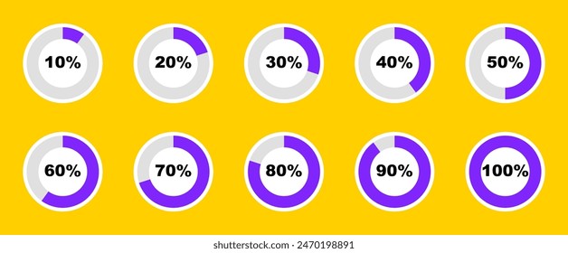 Conjunto de diagramas de porcentaje de círculo. Indicador de carga. proceso de Descarga. Gráfico circular porcentual para infografías, interfaz de usuario, Diseño web y presentación empresarial. Ilustración vectorial.