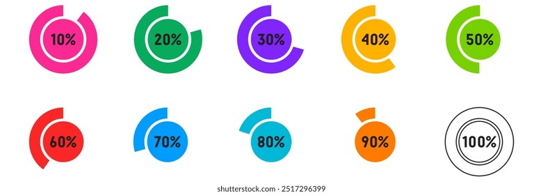 Circle percentage diagrams set. Loading indicator. Download process. Percentage pie chart for infographics, ui, web design and business presentation. Vector illustration.