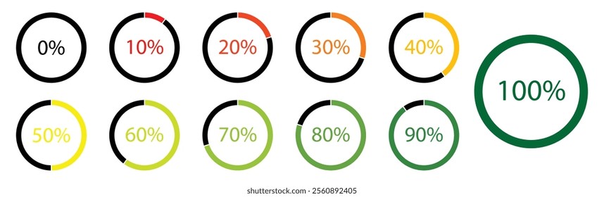 Circle percentage diagrams set. Loading indicator. Download process. Percentage pie chart for infographics, ui, web design and business presentation. pie chart vector illustration set