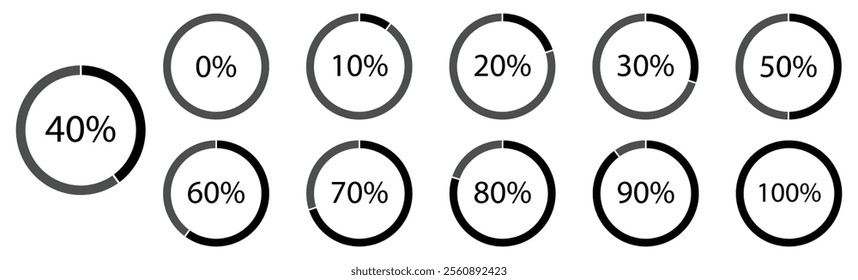 Circle percentage diagrams set. Loading indicator. Download process. pie chart vector illustration set. Set of pie charts from 0% to 100% (10% increments).