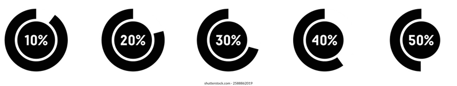 Circle percentage diagrams set. Loading indicator. Download process. Percentage pie chart for infographics, ui, web design and business presentation. Vector illustration.