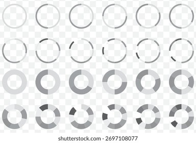 Circle percentage diagrams set. Loading indicator. Download process. Percentage pie chart for infographics, ui, web design and business presentation. Vector illustration. EPS 10.