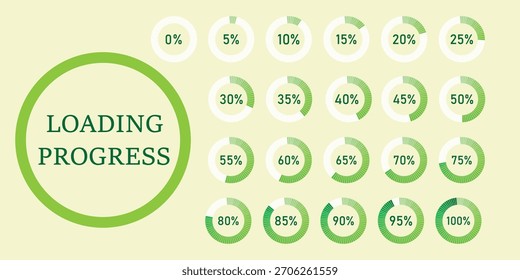 Circle percentage diagrams set. Loading indicator. Download process. Percentage pie chart for infographics, ui, web design and business presentation. Vector illustration. Colorful Loading indicator. 