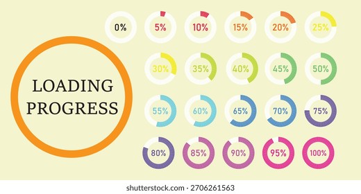 Circle percentage diagrams set. Loading indicator. Download process. Percentage pie chart for infographics, ui, web design and business presentation. Vector illustration. Colorful Loading indicator. 