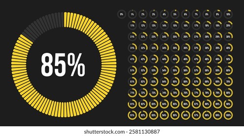 Circle percentage progress pie chart diagram infographic from 0 to 100 percent with yellow indicator. Loading indicator, progress bar, downloading uploading, percentage meter. For UI, apps and web.