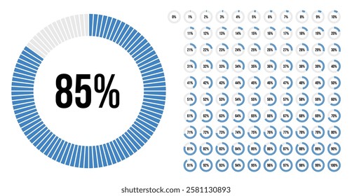 Circle percentage progress pie chart diagram infographic from 0 to 100 percent with blue indicator. Loading indicator, progress bar, downloading uploading, percentage meter. For UI, apps and web.