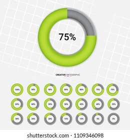 circle percentage,Performance analysis in percent ,0,5,10,15,20,25,30,35,40,45,50,55,60,65,70,75,80,85,90,95,100 vector infographic. Set of circle percentage diagrams from 0 to 100 for web design.