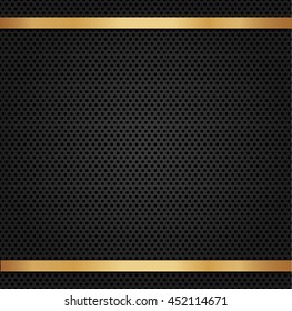 Circle perforated carbon speaker grill texture with gold metal background.