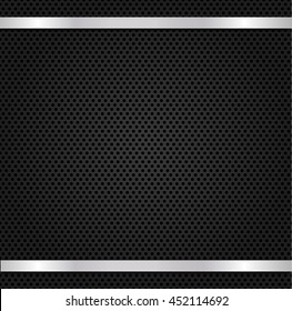 Circle perforated carbon speaker grill texture with silver metal background.